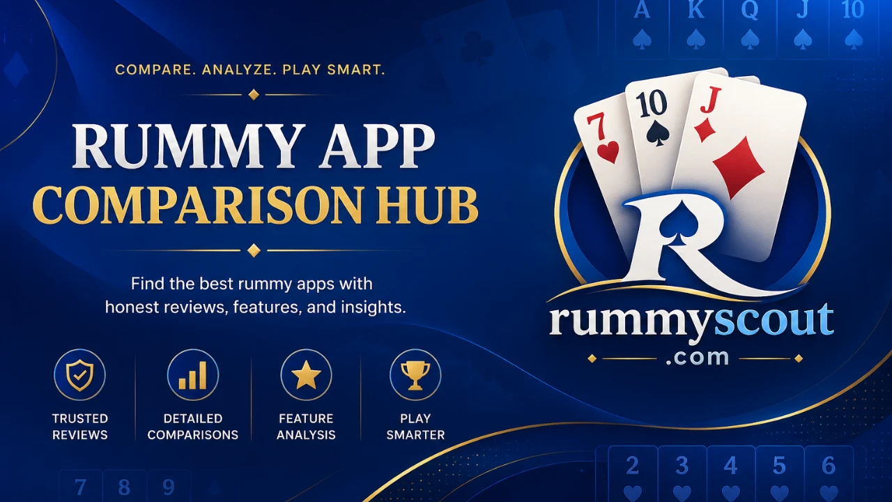 Rummy Scout leaderboard motif with deep navy panels, royal blue highlights, gold rank accents, abstract card grid, no logos or download CTAs